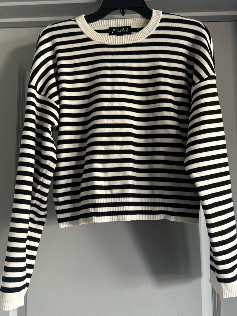 Marled Black & White Striped Crewneck Sweater
